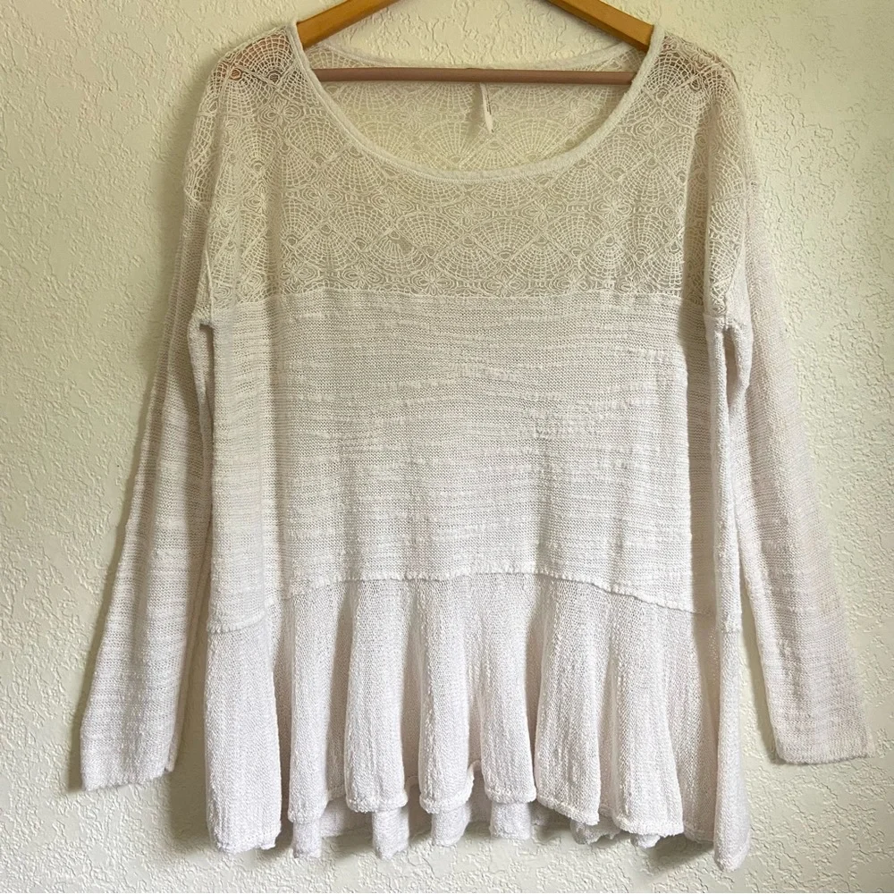 Free People Kristobel Embroidered Yoke Panel Ruffle Top Eggshell